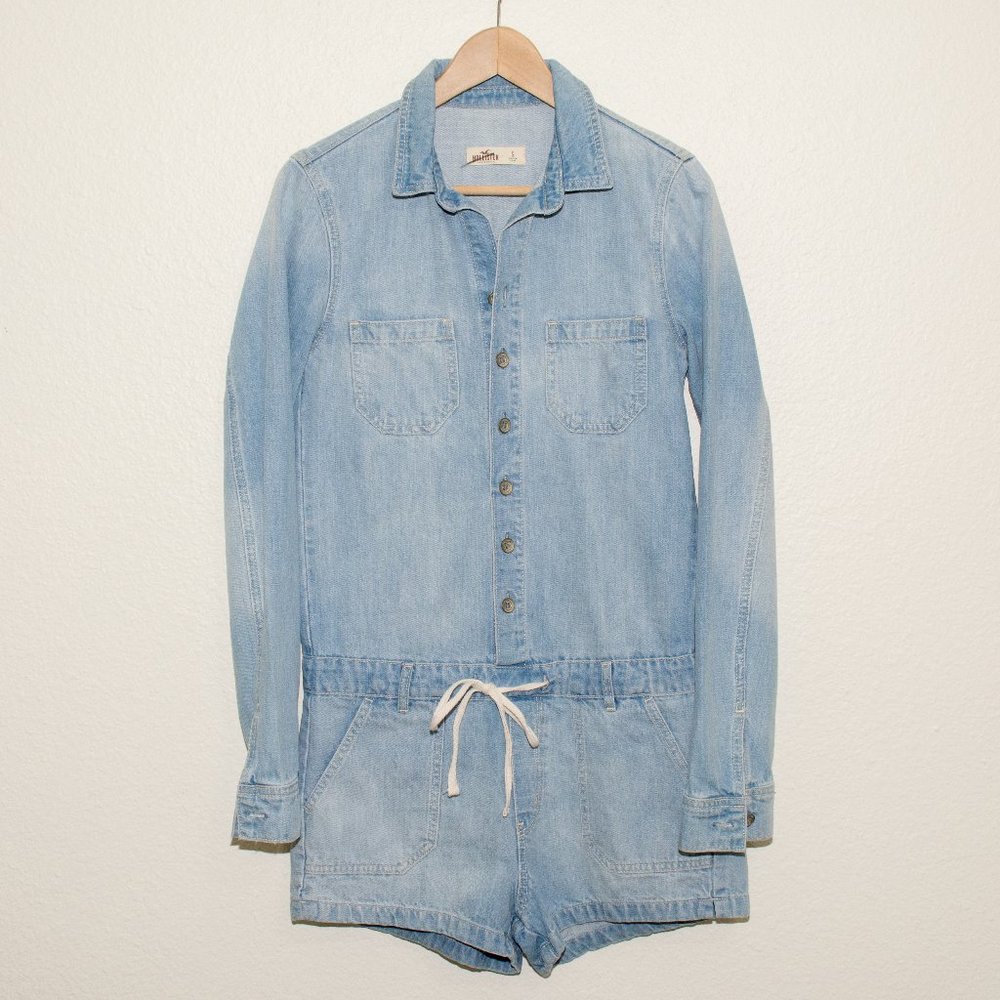 Hollister Light Wash Denim Long Sleeve Romper with Drawstring Waist